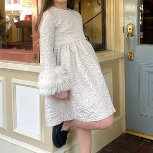 Champagne floral dress with faux fur cuff